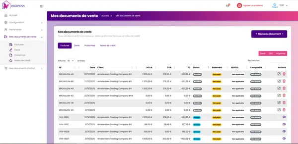Tableau de bord Digiposapp - Liste des documents de facturation