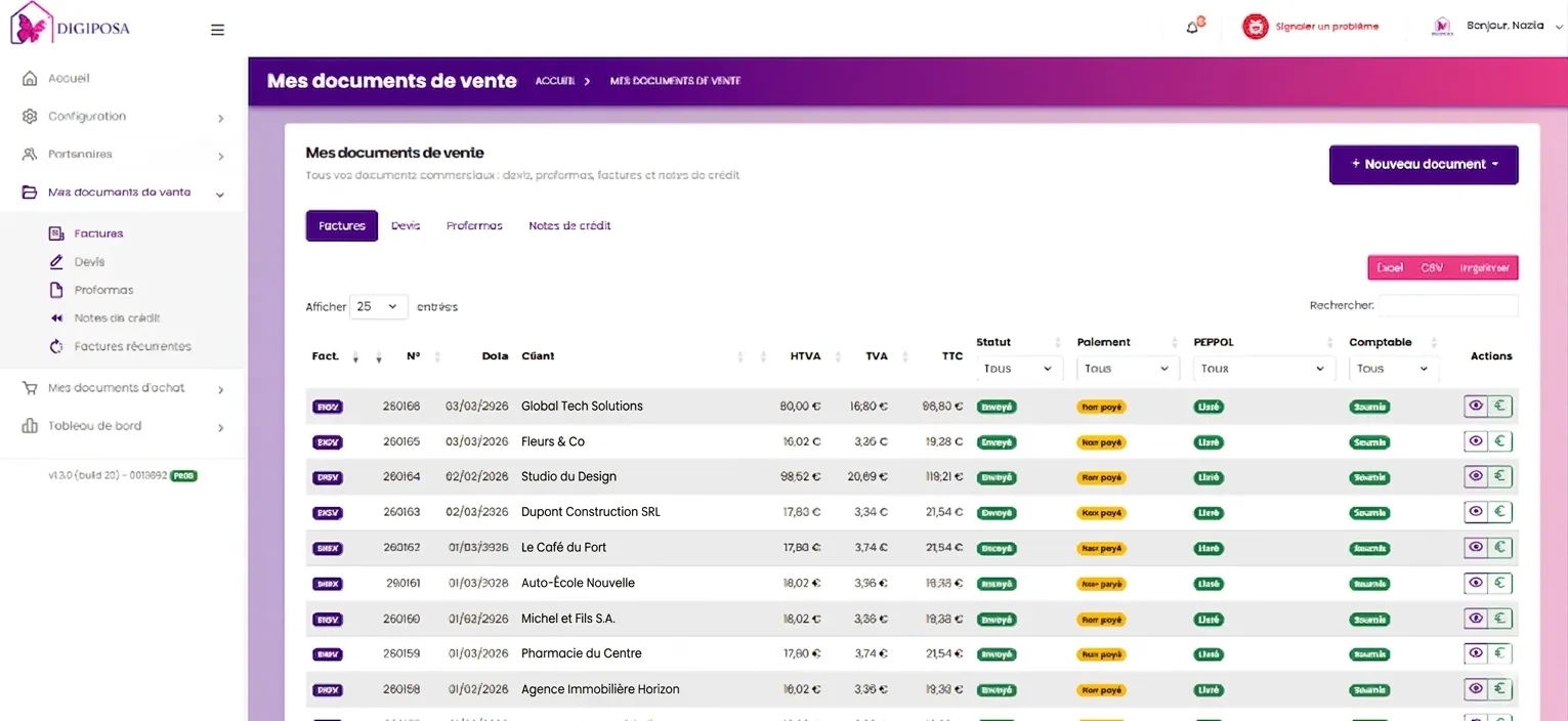 Tableau de bord Digiposapp - Liste des documents de facturation
